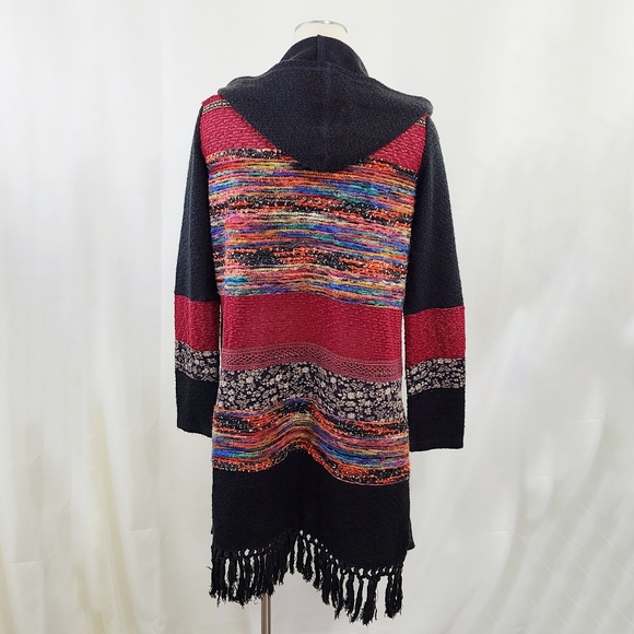 Miss Me MixMaster Hooded Open Front Sweater black rainbow fringe size large - Picture 3 of 8